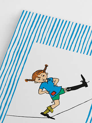 Ilustracja Pippi Pończoszanki na białym tle z niebieskimi paskami