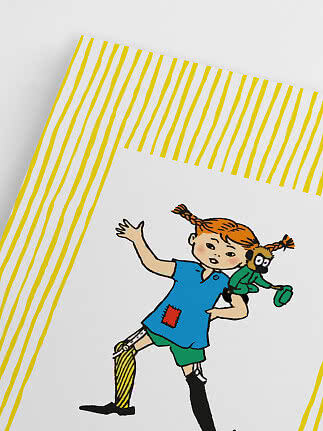 Vitt motiv med gula ränder och illustration av Pippi Långstrump med Herr Nilsson