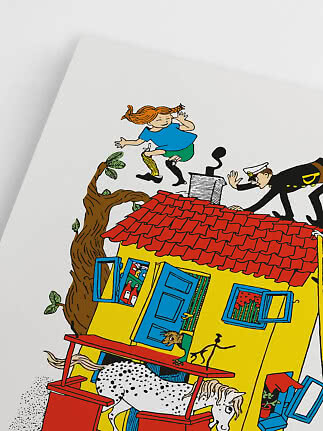 Ilustracja Pippi Pończoszanki skaczącej po dachu żółtego domu z policjantem