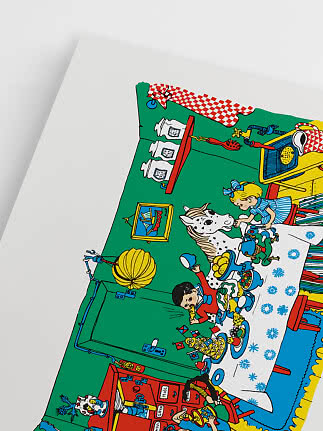 Kolorowa ilustracja dzieci, cętkowanego konia i nakrytego stołu w zielonym pokoju