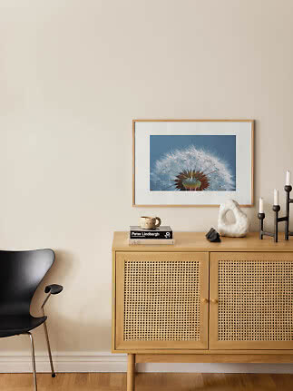 Cornice in legno chiaro con foto di tarassaco sopra una credenza con ante in rattan