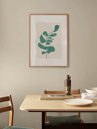 Indrammet botanisk plakat med grøn plante over et spisebord