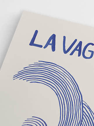 Close-up of poster with blue text and curved line artwork on a white background