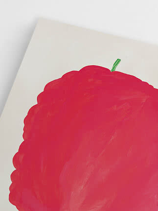 Primer plano de una fruta roja pintada de forma simple con tallo verde sobre fondo blanco