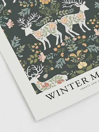 Affiche avec cerfs blancs fleuris sur fond vert foncé avec feuilles et fleurs