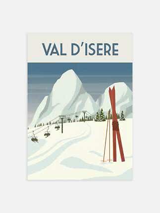 Vintage rejseplakat med Val d’Isère, sneklædte bjerge, stolelift og røde ski.