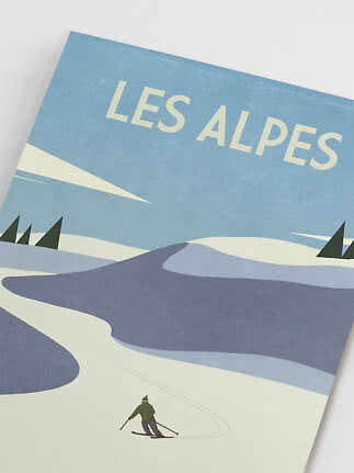 Vintage rejseplakat med teksten LES ALPES og en skiløber i sneklædt bjerglandskab