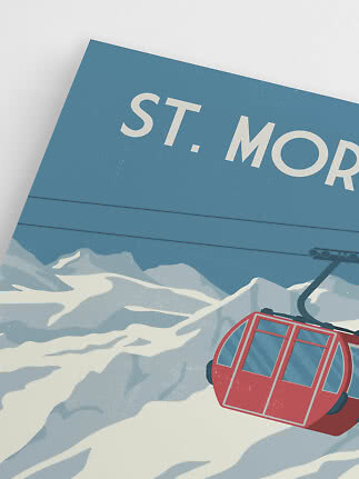 Illustreret plakat med rød svævebane over snedækkede bjerge og teksten "ST. MOR"