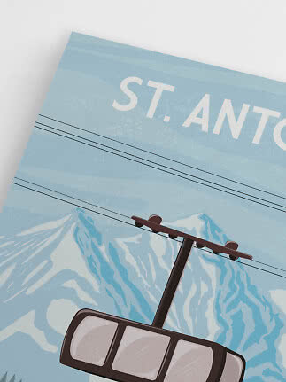 Plakat med skilift foran sneklædte bjerge og teksten “ST. ANTO...”
