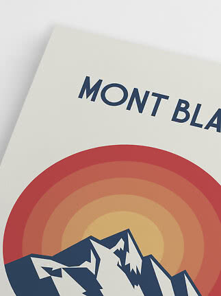 Plakat med Mont Blanc-tekst, stiliserede bjerge og retro solcirkel i varme farver