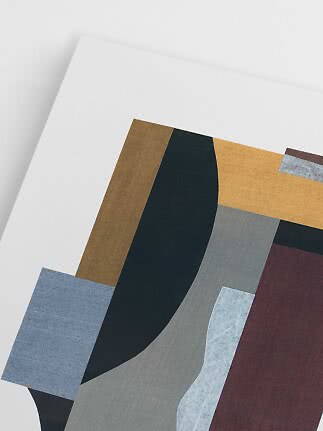 Abstract print with geometric shapes in blue, black, gray, ochre and burgundy on a white background