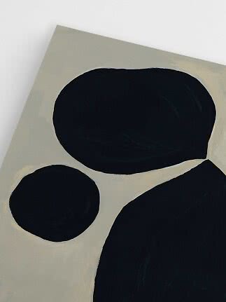 Abstract painting with large black organic shapes on a light beige background