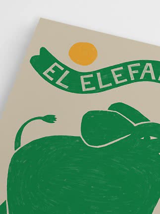 Illustration eines grünen Elefanten mit „EL ELEFA“-Text und gelber Sonne auf beigem Hintergrund