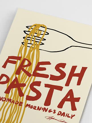 Affiche avec fourchette illustrée enroulant des pâtes et texte rouge « Fresh pasta »