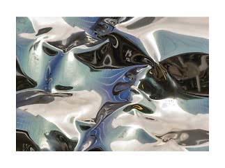 Abstract art print with fluid metallic shapes in silver, black and blue tones
