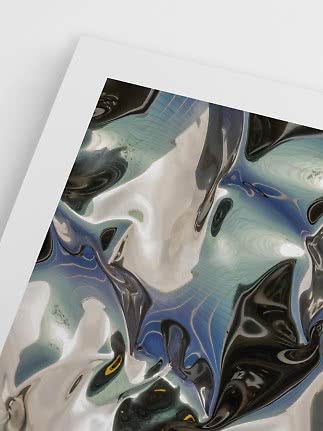 Abstract art print with fluid blue, black and white shapes on a white background
