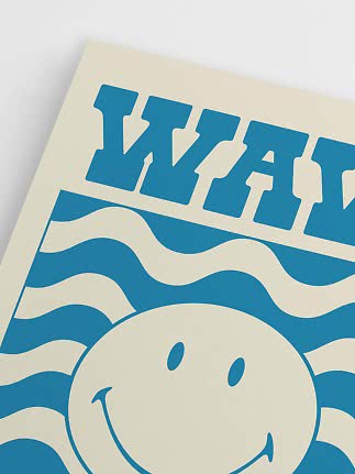 Close-up of blue poster with smiley face, wave pattern and text at top