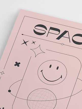 Poster rosa con smiley nero, stelle e linee grafiche