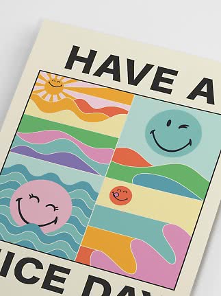 Buntes Poster mit „Have a Nice Day“ und vier fröhlichen abstrakten Naturmotiven