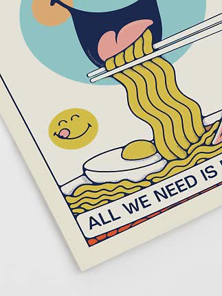 Illustriertes Poster im Retrostil mit Nudelschale, Stäbchen und Smiley