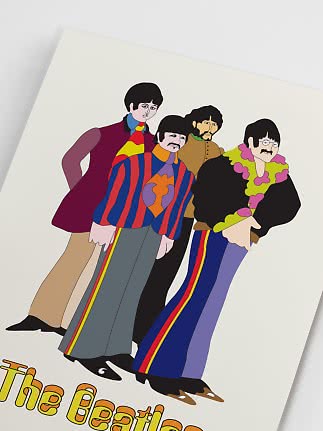 Buntes Poster mit illustrierten Mitgliedern der Beatles in psychedelischen Outfits