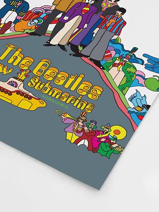 Affiche colorée inspirée de Yellow Submarine des Beatles avec personnages et sous-marin jaune