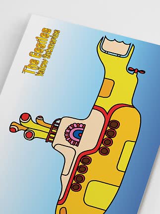 Buntes Poster eines gelben U-Boots mit dem Text The Beatles Yellow Submarine auf blauem Hintergrund