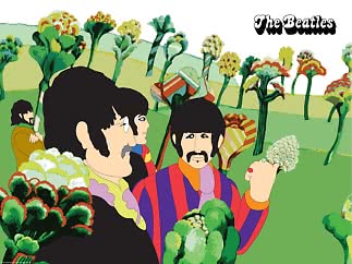 Bunte Illustration der Beatles in einem surrealen Garten mit hohen Blumen und grüner Landschaft