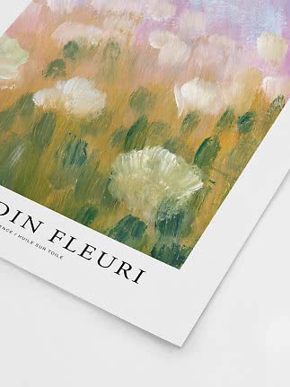 Plakat med impressionistisk blomstermaleri i grønne, hvide, rosa og gyldne toner