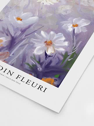 Konstposter med vita blommor på lila bakgrund i mjuk, målerisk stil