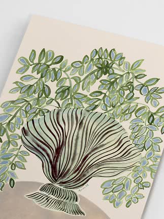 Botanical print with green and blue leafy branches around a large shell-like form