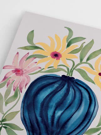 Watercolor poster with blue vase and yellow and pale pink flowers