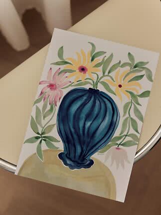 Watercolor print of a blue vase with yellow and pink flowers on white paper