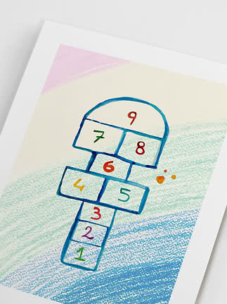 Art print of a hopscotch grid with numbers 1 to 9 on a pastel background