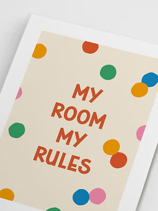 Poster with the text "My Room My Rules" in orange and colorful dots on a cream background