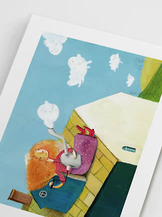 Illustrated print of a girl vacuuming while white fantasy figures float on a blue background