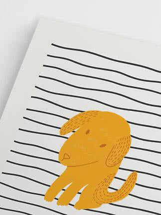 Illustrazione di un cane giallo su sfondo bianco con linee nere ondulate