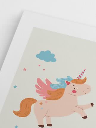 Illustration of a sleeping unicorn with wings, cloud and small stars on a light background