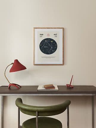 Indrammet Libra stjernetegn-plakat over skrivebord med rød lampe og grøn stol