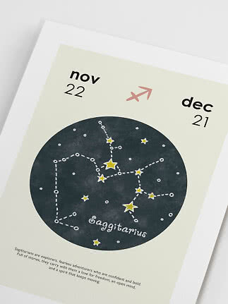 Plakat med stjernetegnet Skytten, stjernebillede og datoerne 22. nov til 21. dec