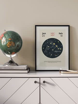 Poster incorniciato del segno Acquario su un mobile accanto a globo e libri