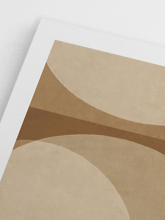 Abstract art print with curved shapes in beige and brown tones on a white background