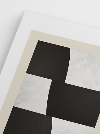 Abstraktes Poster mit schwarzen und hellen geometrischen Formen auf weißem Hintergrund