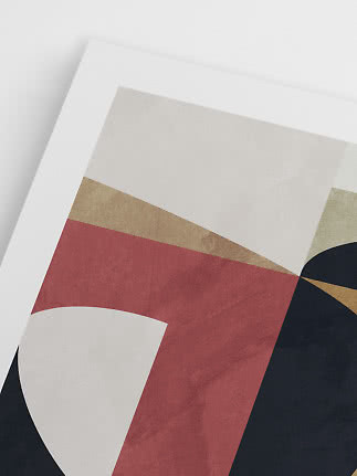 Abstracte poster met gebogen vormen in rood, beige, zwart en wit op lichte achtergrond
