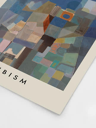Konstposter med abstrakt motiv i blå, gröna och jordnära geometriska fält