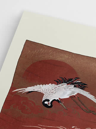 Närbild av poster med japanskinspirerad trana på röd bakgrund