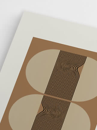 Abstract poster with beige circles and black wavy lines on a brown background