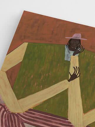 Pintura abstracta de una persona con sombrero rosa y brazos largos junto a una mesa verde
