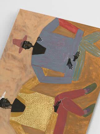 Abstract painting of two stylized people seated in chairs, viewed from above