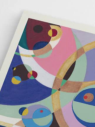 Stampa d’arte astratta con forme geometriche colorate e cerchi in rosa, blu, verde e oro